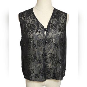 Carole Little Sheer Beaded Black Fairt Lace Floral Vest Top